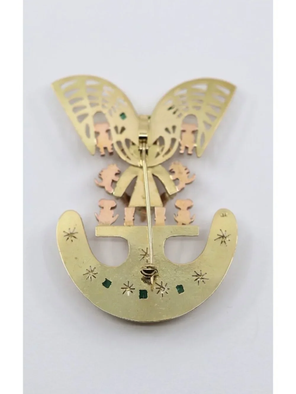 Vintage 18K Gold 7 Emerald Tairona Pre Columbian Brooch Pendant 22.7g Estate Art